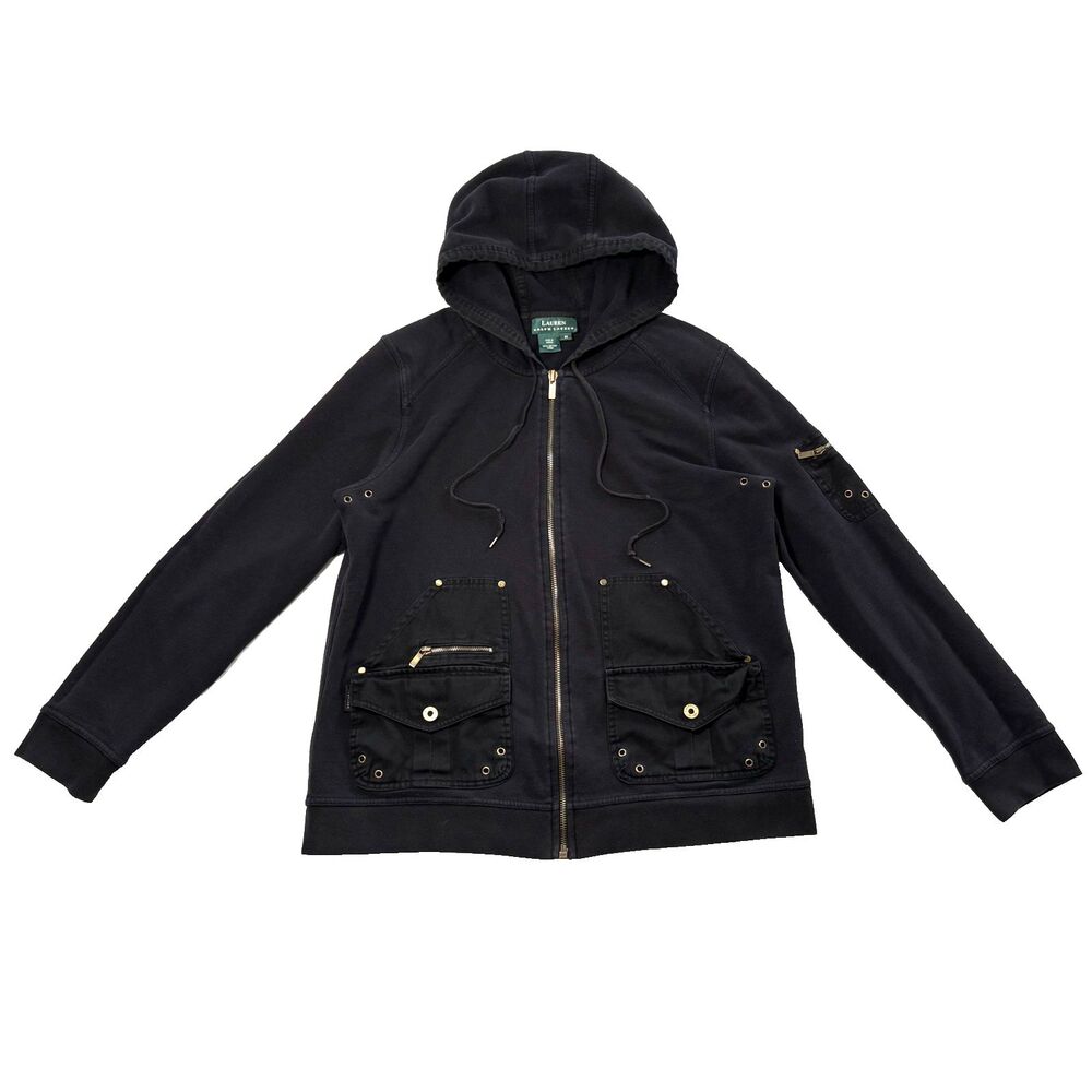 Ralph Lauren Hoodie Women's Zip Front Cargo Sweater Gold Brass Zipper Button M